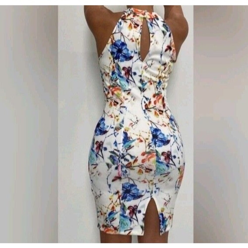 Venus Floral Halter Bodycon Dress M Keyhole Sleeveless Fitted Cocktail - Picture 2 of 10